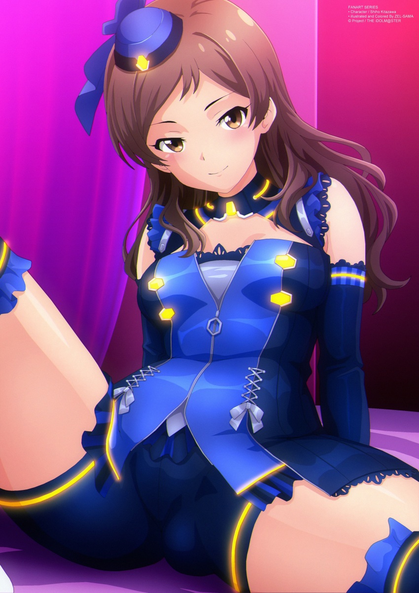 1girl, absurdres, bed, bike_shorts, black_bike_shorts, black_gloves, black_thighhighs, blue_dress, blue_hat, blue_ribbon, blush, breasts, brown_eyes, brown_hair, code:escape_(idolmaster), curtains, dress, escape_(idolmaster), gloves, hat, hat_ribbon, highres, idolmaster, idolmaster_million_live!, idolmaster_million_live!_theater_days, kitazawa_shiho, long_hair, looking_at_viewer, medium_breasts, on_bed, ribbon, sitting, sleeveless, sleeveless_dress, smile, spread_legs, thighhighs, zel-sama