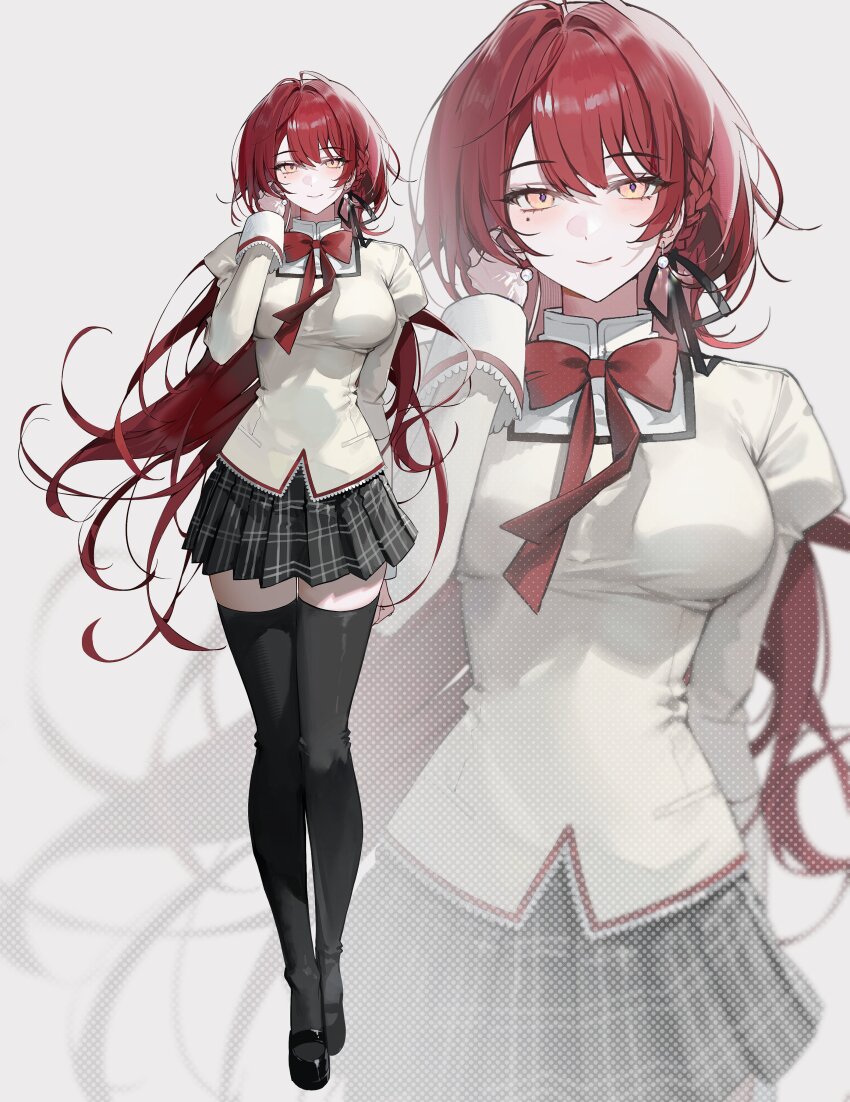 1girl, 9boksen, absurdres, black_ribbon, black_shoes, black_thighhighs, bow, bowtie