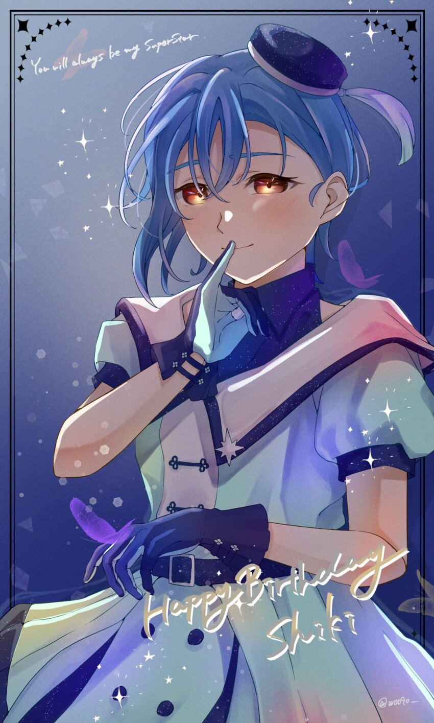 1girl, belt, belt_buckle, blue_hair, buckle, character_name, closed_mouth, commentary_request