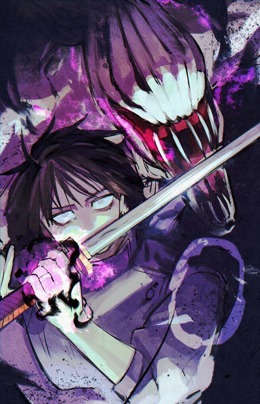 1boy, 1other, absurdres, black_background, black_hair, cursed_energy_(jujutsu_kaisen), cursed_spirit_(jujutsu_kaisen), high_collar