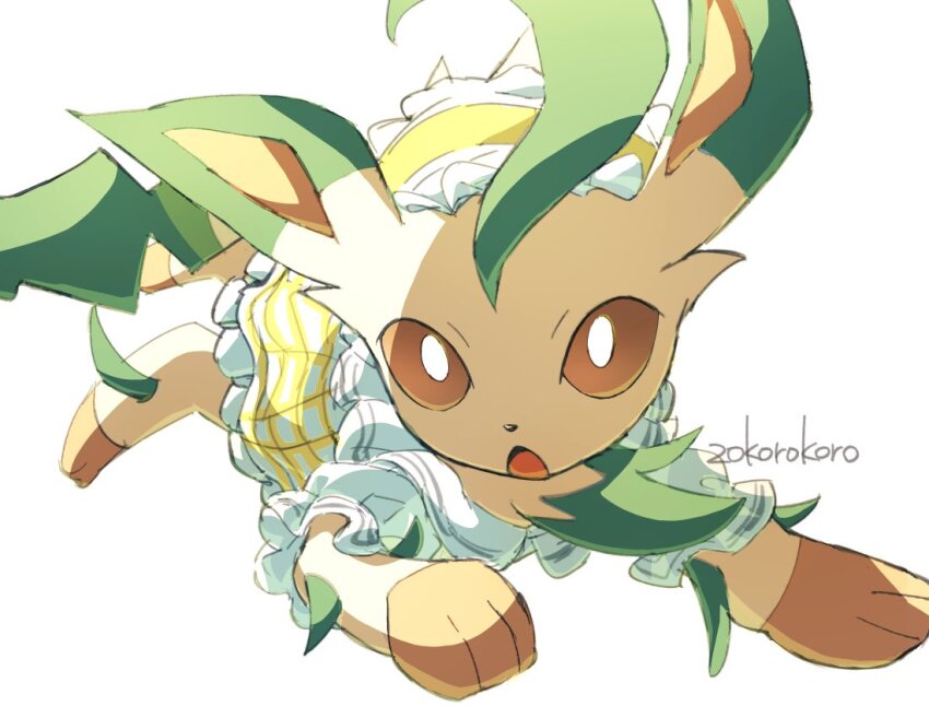 animal_focus, brown_eyes, brown_sclera, clothed_pokemon, colored_sclera, dress, gen_4_pokemon, green_fur