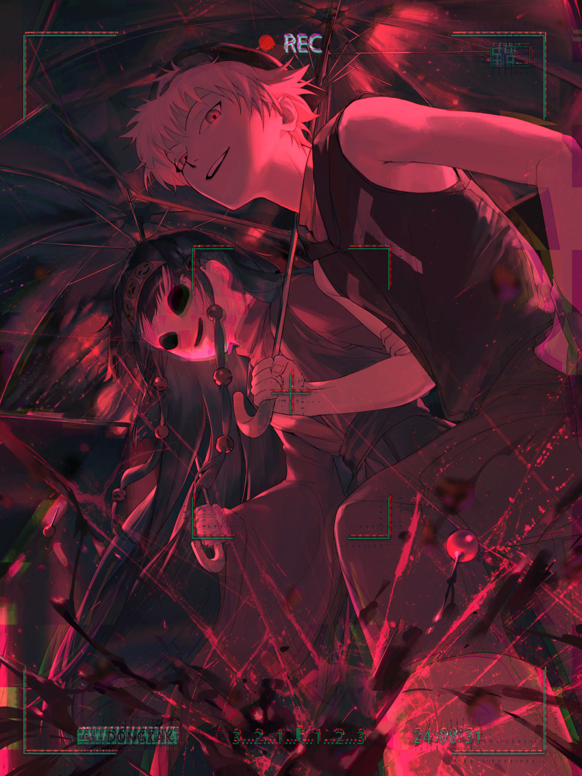 1boy, 1girl, absurdres, alluka_zoldyck, alternate_costume, battery_indicator, black_hair, blood