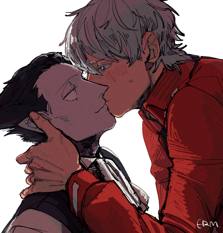 2boys, black_hair, draluc_(kyuuketsuki_sugu_shinu), erm_nkcn, from_side, grey_hair, highres, jacket