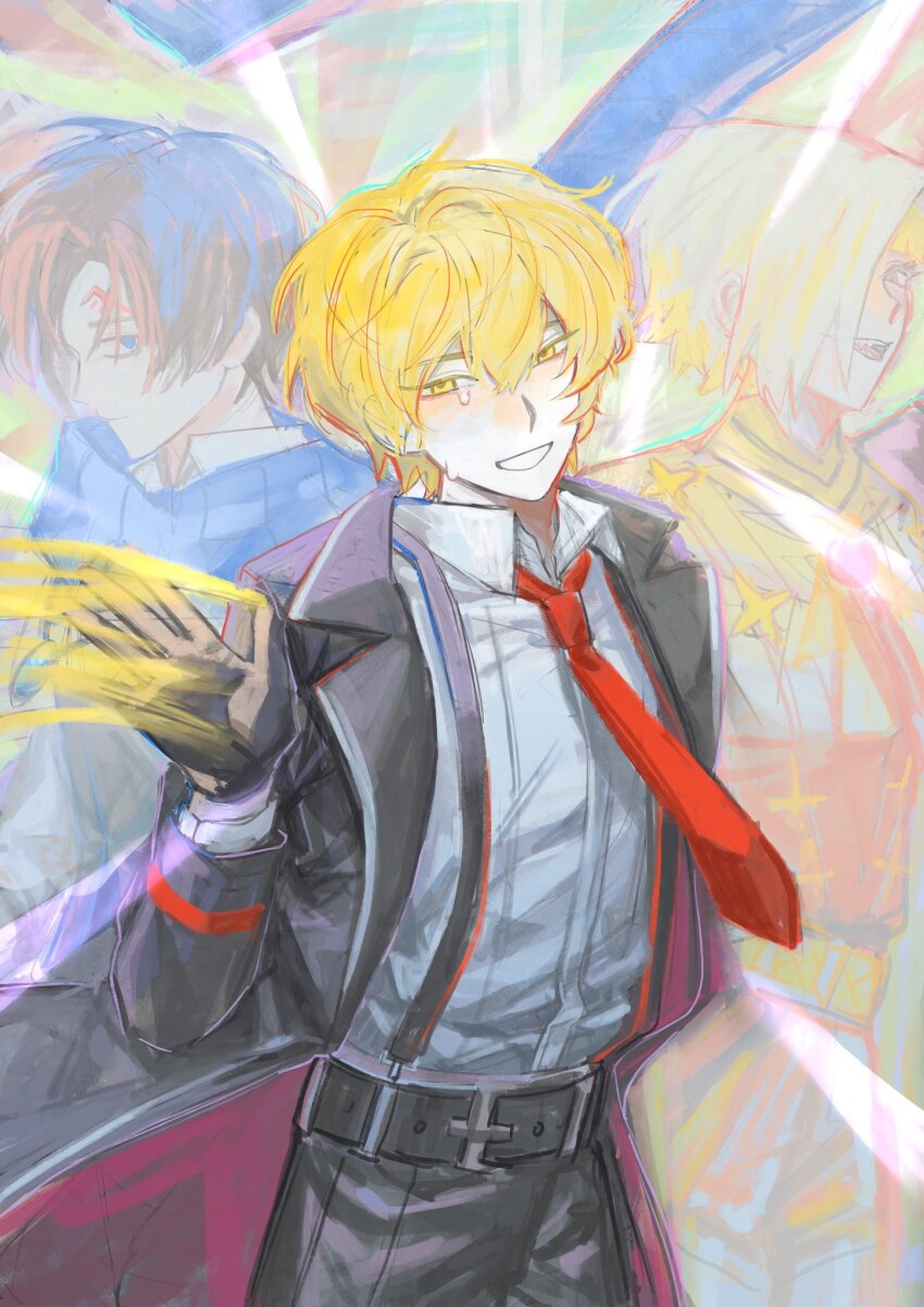 1girl, 2boys, baggy_shorts, belt, black_belt, black_gloves, black_hair, black_jacket