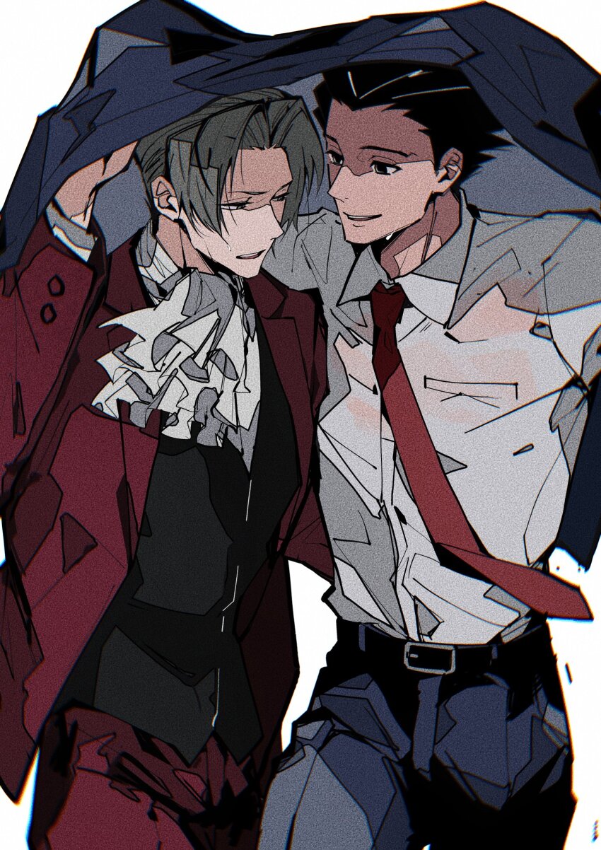 2boys, ace_attorney, ascot, belt, belt_buckle, black_belt, black_hair, black_vest