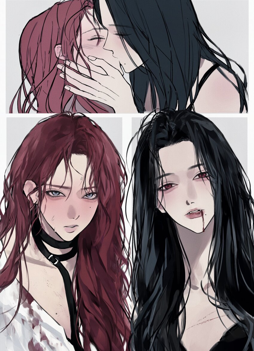 2girls, absurdres, black_choker, black_hair, blood, blood_from_mouth, blush, choker, closed_eyes, grey_eyes, hand_on_another's_face, highres, kiss, lee_q_p, long_hair, mole, mole_under_eye, multiple_girls, original, parted_lips, red_eyes, red_hair, shirt, sweat, vampire, white_shirt, yuri