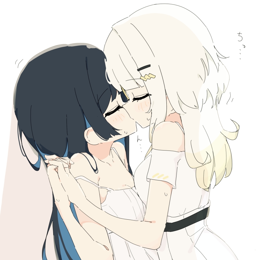2girls, a.i._voice, black_hair, blue_hair, blush, cevio, closed_eyes, colored_inner_hair