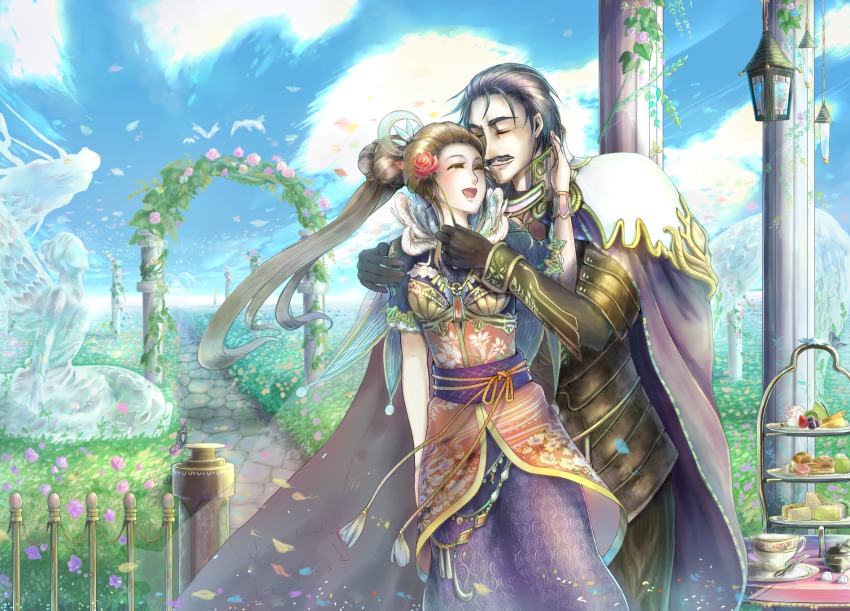 1boy, 1girl, armor, barbarossa_rugner, bird, black_gloves, black_hair, blonde_hair