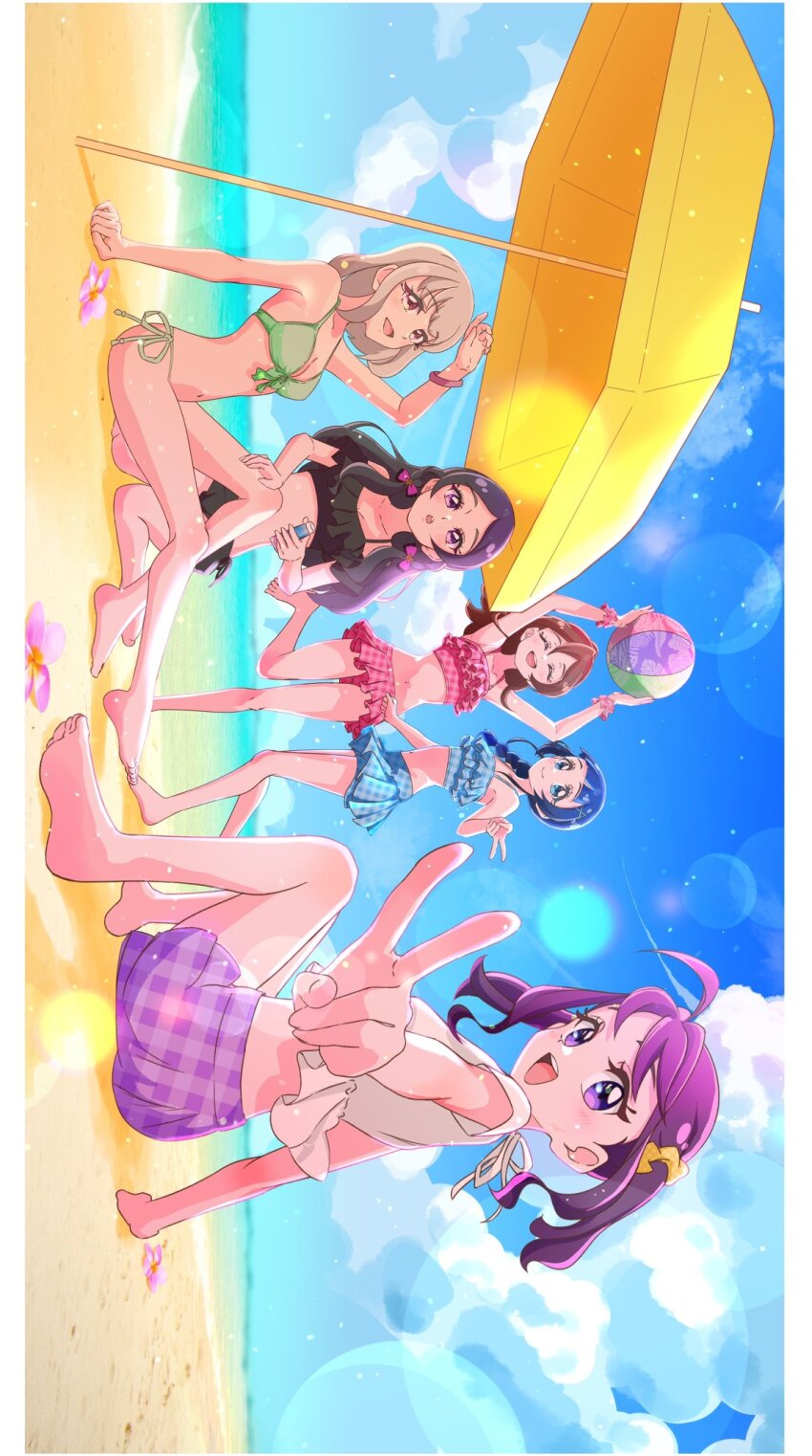 5girls, aokaze_nana, applying_sunscreen, ball, bare_arms, bare_legs, bare_shoulders, beach