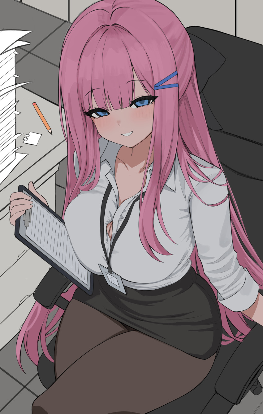 1girl, absurdres, alternate_costume, black_skirt, black_survival, blue_eyes, bow, breasts, brown_pantyhose, button_gap, chair, charlotte_(black_survival), cleavage, collared_shirt, commentary, dasi_(kwts3227), dress_shirt, eternal_return:_black_survival, grin, hair_bow, half_updo, highres, holding, id_card, large_breasts, long_sleeves, miniskirt, office_chair, office_lady, pantyhose, paper_stack, pencil_skirt, pink_hair, shirt, sitting, skirt, smile, solo, swivel_chair, white_shirt