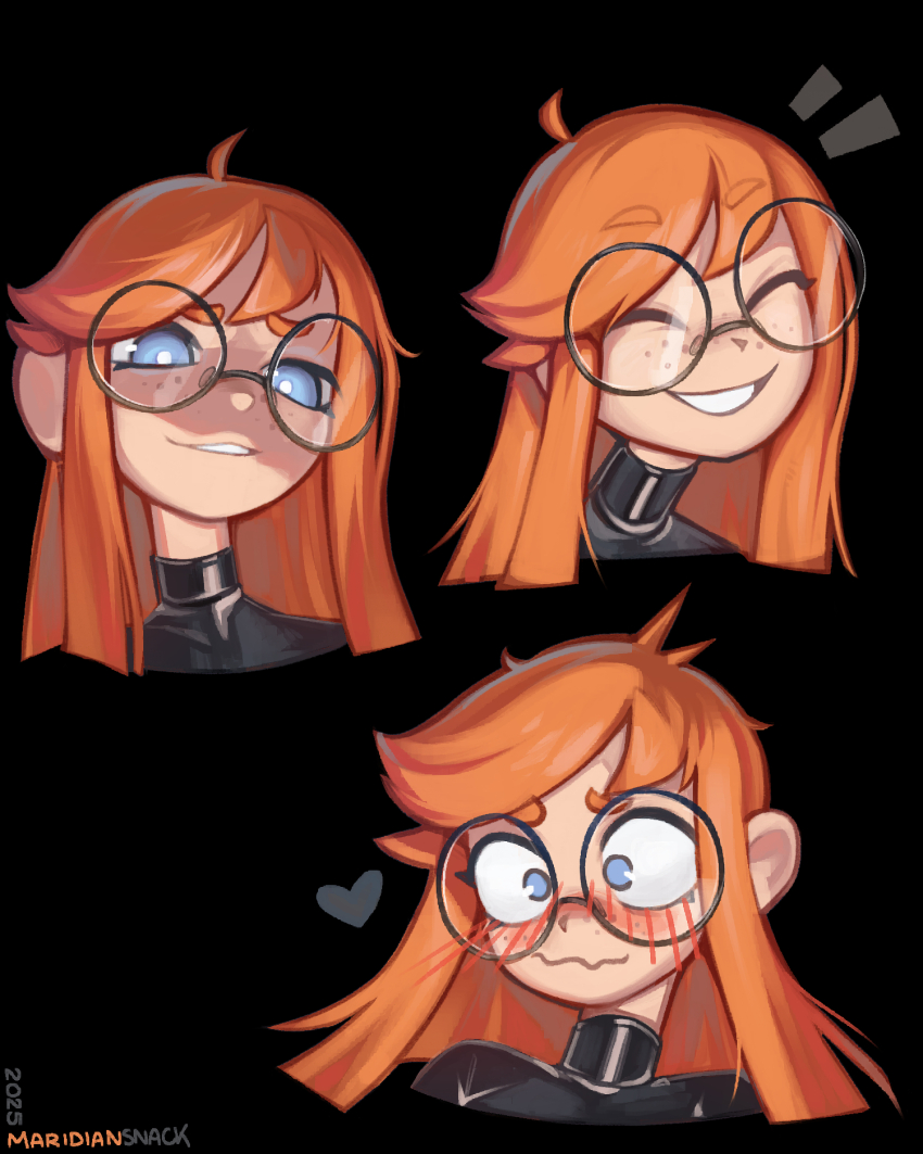 1girl, 2025, ahoge, artist_name, black-framed_eyewear, black_background, black_bodysuit, blue_eyes