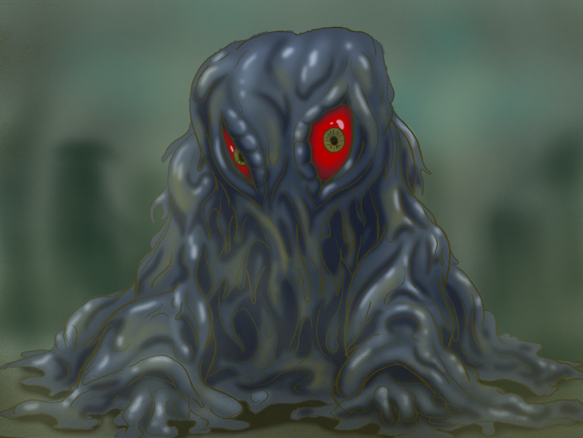 1other, 7736, black_skin, blurry, blurry_background, building, city, colored_sclera, colored_skin, commentary, giant, giant_monster, godzilla_(series), godzilla_vs._hedorah, half-closed_eye, hedorah, kaiju, looking_at_viewer, monster, no_mouth, on_ground, outdoors, pollution, red_sclera, slime_(substance), smog, solo, toho, tokusatsu, yellow_eyes