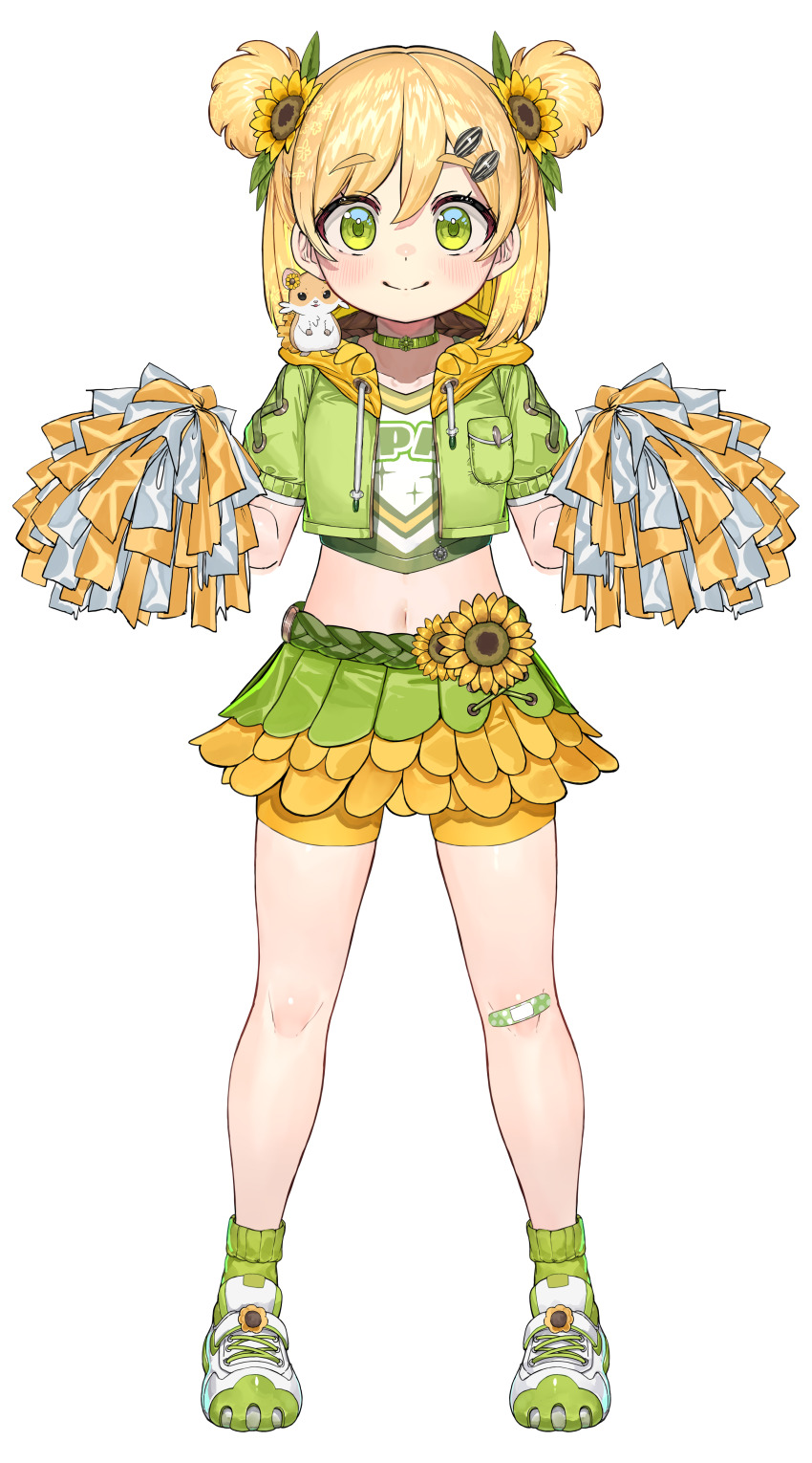1girl, absurdres, animal, bandaid, bandaid_on_knee, bandaid_on_leg, bike_shorts, cheerleader, closed_mouth, double_bun, flower, full_body, green_eyes, green_jacket, green_shoes, green_skirt, green_socks, hair_bun, hair_flower, hair_ornament, hamuhima_(hani_hima), hani_hima_(v-dere), highres, hood, hood_down, hooded_jacket, jacket, looking_at_viewer, midriff, navel, official_art, pom_pom_(cheerleading), ranf, shoes, short_hair, shorts, skirt, smile, socks, sunflower, sunflower_hair_ornament, tachi-e, transparent_background, v-dere, virtual_youtuber, yellow_flower, yellow_shorts