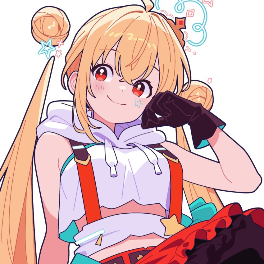 1girl, ahoge, black_gloves, blonde_hair, blush, crop_top, crown, naturally_detached_hair