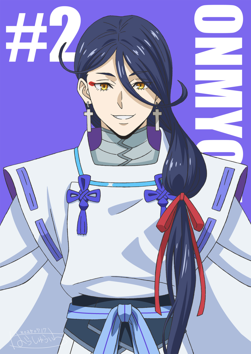 1boy, abe_no_seimei_(onmyou_kaiten_re:birth), black_hair, copyright_name, cross, cross_earrings, dated, earrings