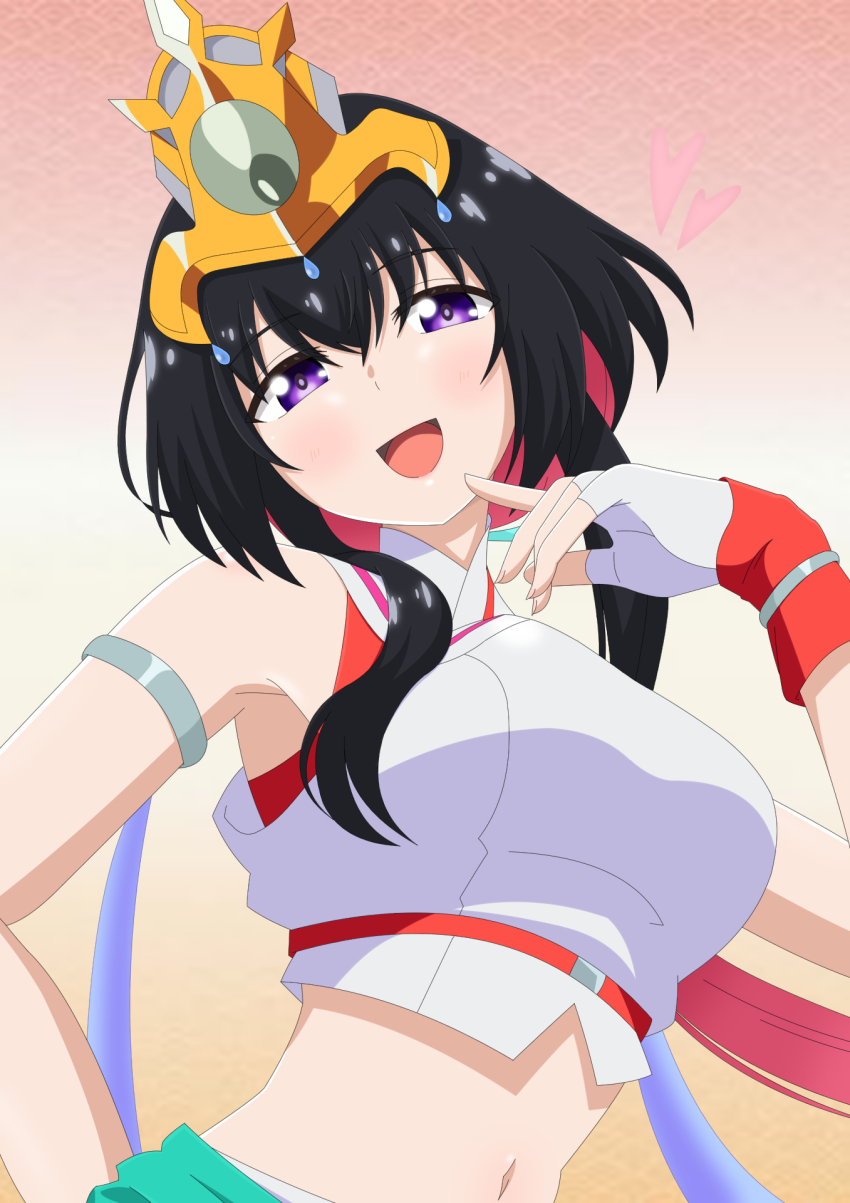 1girl, :d, armlet, black_hair, colored_inner_hair, fingerless_gloves, gloves, gradient_background, hand_up, highres, jewelry, midriff, multicolored_hair, navel, onmyo_kaiten_re:birth, oogami_shiro_(artist), open_mouth, purple_eyes, short_hair_with_long_locks, smile, solo, tsukimiya_(onmyo_kaiten), white_gloves