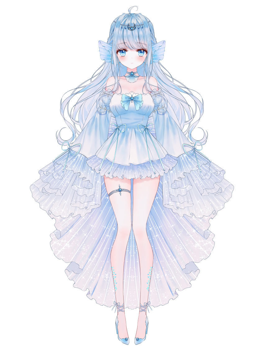 1girl, absurdres, ahoge, alpha_betta_(vtuber), bare_shoulders, blue_bow, blue_dress, blue_eyes