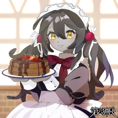 1girl, apron, black_dress, black_hair, bow, colored_skin, copyright_name, dairoku_ryouhei, dress, food, grey_skin, holding, holding_plate, indoors, juliet_sleeves, long_sleeves, looking_at_viewer, lowres, maid, miffet_mothergoose, nilcake, pancake, pancake_stack, plate, puffy_sleeves, red_bow, smile, solo, standing, waist_apron, waitress, yellow_eyes