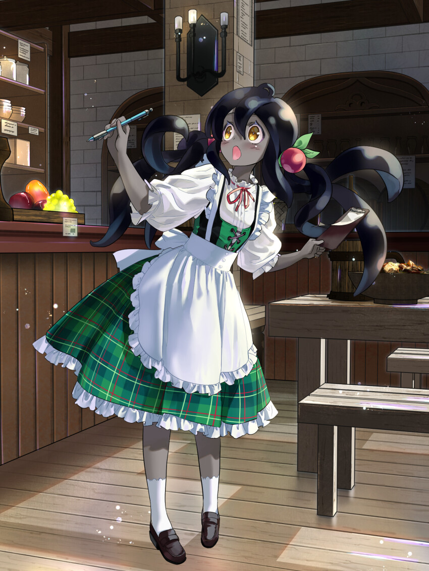 1girl, :o, apron, black_hair, black_shoes, colored_skin, dairoku_ryouhei, dress