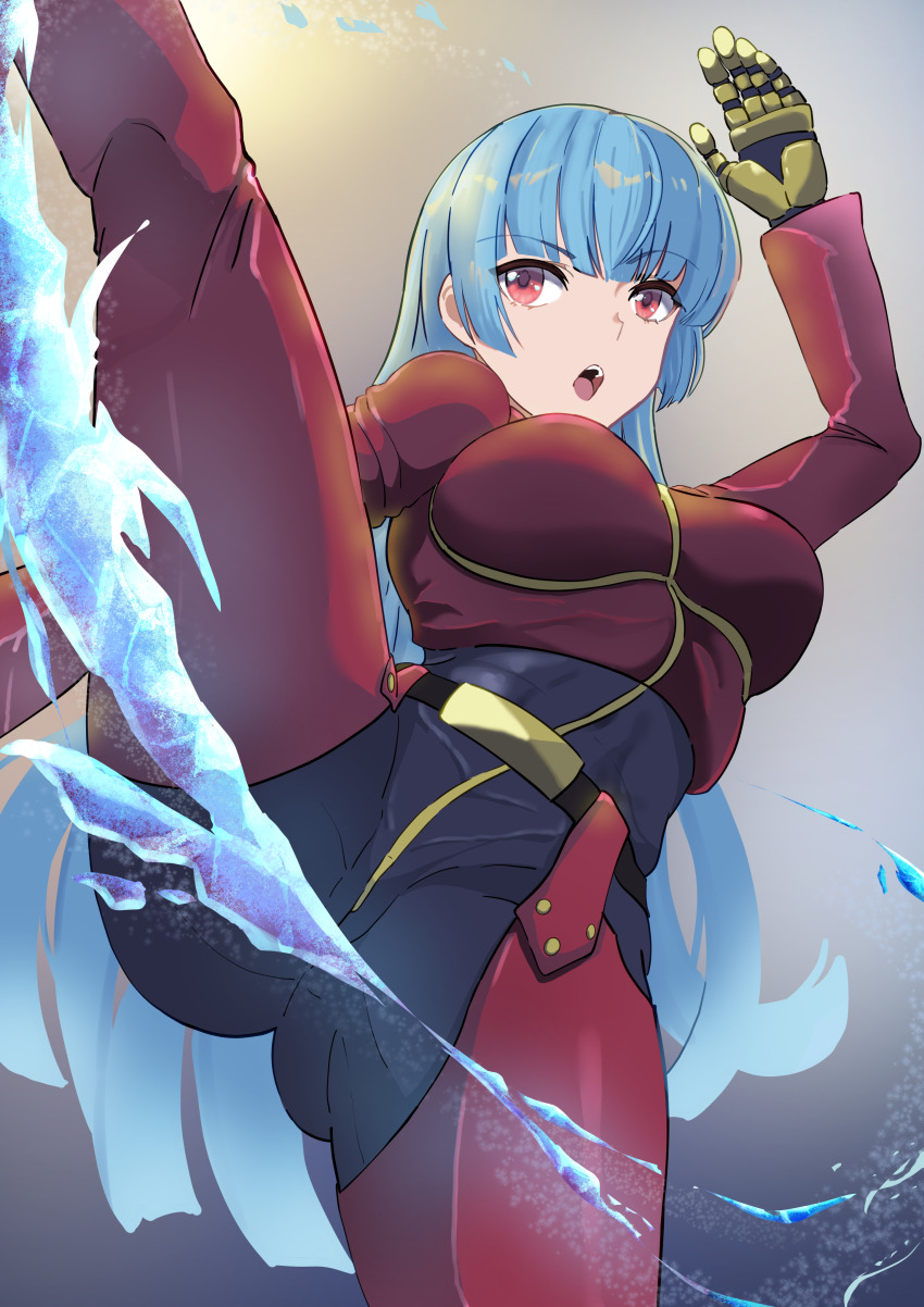 1girl, absurdres, belt, blue_hair, bodysuit, breasts, gloves, highres