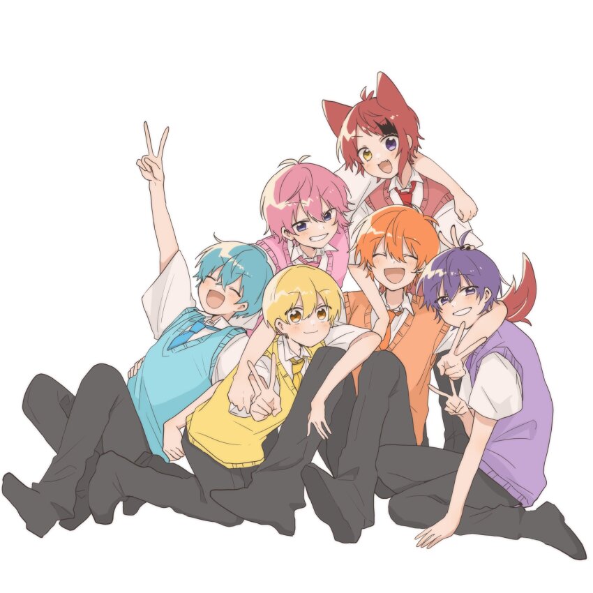 6+boys, animal_ears, arm_around_neck, arm_around_shoulder, black_pants, blonde_hair, blue_hair, blue_sweater_vest