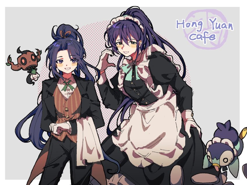 1boy, 1girl, alternate_costume, apron, aqua_bow, aqua_bowtie, bird, black_dress