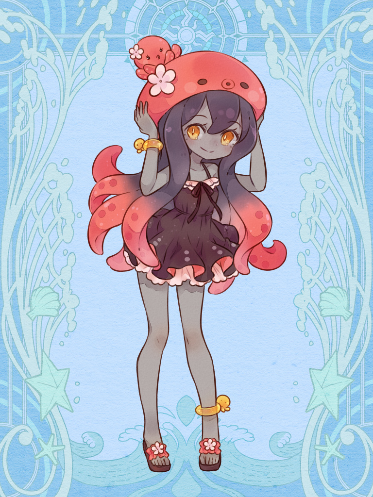 1girl, animal_hat, anklet, arms_up, black_dress, blue_background, bracelet, colored_skin