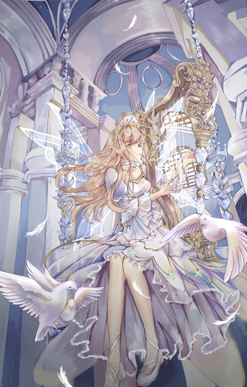 1girl, absurdres, ankle_ribbon, ass_(pixiv_39703734), bird, blonde_hair, bonnet, brown_eyes