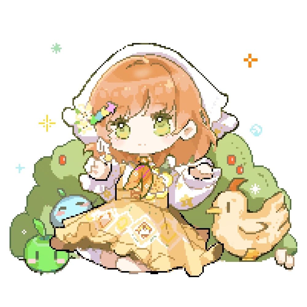 1girl, animal, apple, berry, bird, brown_hair, bush, chibi, chicken, closed_mouth, country_lolita, dress, eyelashes, floral_print, flower, food, food-themed_creature, frilled_dress, frilled_headwear, frilled_sleeves, frills, fruit, green_apple, green_eyes, hair_ornament, hairclip, happy, hat, hat_flower, headscarf, infinity_nikki, interruption_(echo-023), junimo, kneehighs, kneeling, light_blush, lolita_fashion, long_sleeves, looking_at_viewer, medium_dress, medium_hair, nikki_(series), orange_dress, orange_scarf, outstretched_hand, pinafore_dress, pixel_art, puffy_long_sleeves, puffy_sleeves, scarf, shirt, sleeveless, sleeveless_dress, smile, socks, sparkle, stardew_valley, stardew_valley_encounter_(infinity_nikki), tareme, white_background, white_headscarf, white_shirt, white_socks, yellow_flower