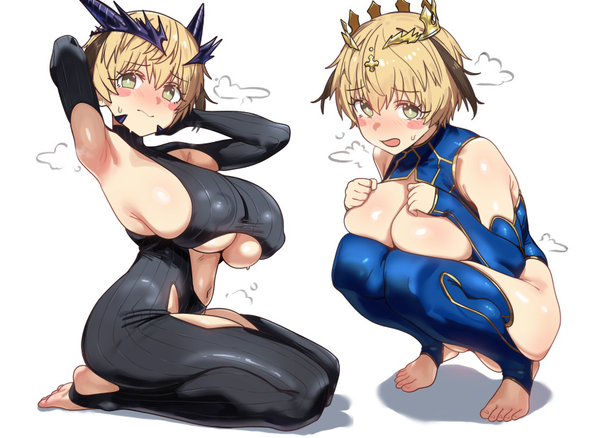 1girl, absurdres, armpits, artoria_pendragon_(fate), artoria_pendragon_(lancer)_(fate), artoria_pendragon_(lancer)_(fate)_(cosplay), artoria_pendragon_(lancer_alter)_(fate), artoria_pendragon_(lancer_alter)_(fate)_(cosplay), black_bodysuit, blonde_hair, blue_sleeves, blue_thighhighs, blush, blush_stickers, bodysuit, breasts, cosplay, covered_erect_nipples, crown, detached_sleeves, ebora, embarrassed, fate/grand_order, fate_(series), fingerless_gloves, full_body, gareth_(fate), gloves, green_eyes, hair_between_eyes, hair_flaps, highres, huge_breasts, looking_at_viewer, multicolored_hair, multiple_views, navel, ribbed_bodysuit, seiza, short_hair, shy, sitting, squatting, stirrup_legwear, thighhighs, toeless_legwear, toes, two-tone_hair, underboob, white_background