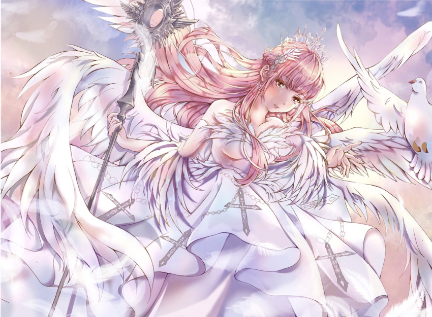 1girl, angel_wings, ass_(pixiv_39703734), bird, blue_sky, blunt_bangs, brown_eyes, cloud