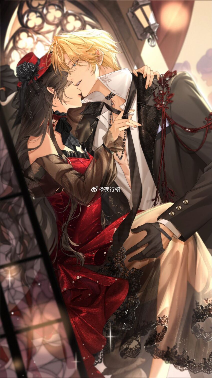 1boy, 1girl, aqua_eyes, bead_necklace, beads, black_flower, black_gloves, black_hair