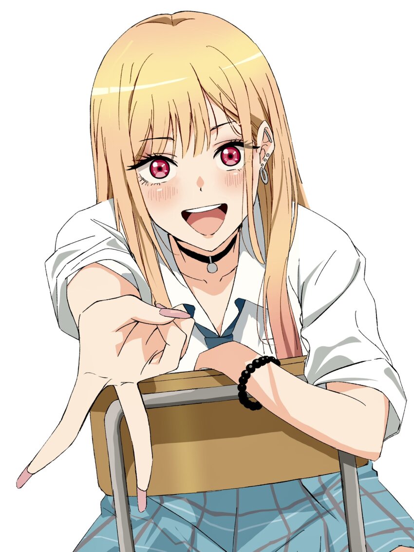 1girl, andanden, black_choker, blonde_hair, blush, choker, ear_piercing, earrings, highres, jewelry, kitagawa_marin, long_hair, looking_at_viewer, piercing, red_eyes, solo, sono_bisque_doll_wa_koi_wo_suru