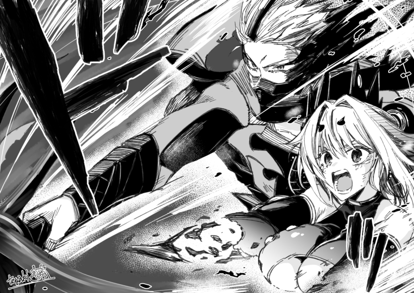 1boy, 1girl, aramine_ishu, artist_name, breasts, flaming_eye, hair_slicked_back, highres