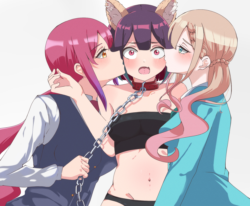 3girls, animal_ear_hairband, animal_ears, bad_girl_(manga), bare_shoulders, black_tube_top, black_vest, blonde_hair
