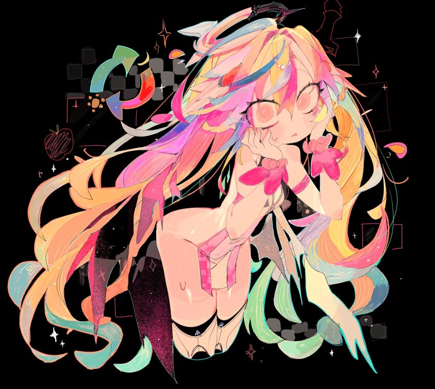 1girl, ahoge, aqua_hair, bare_shoulders, blonde_hair, blue_hair, blush, breasts