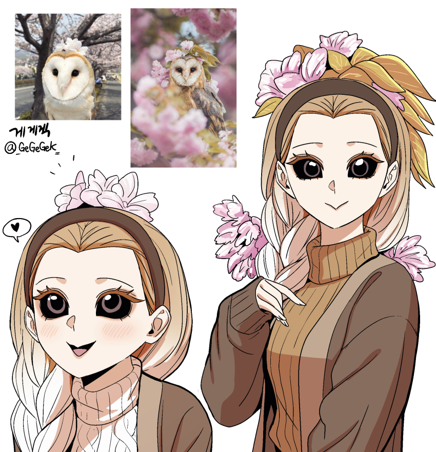 1girl, :>, artist_name, barn_owl, barn_owl_(gegegekman), bird, black_sclera, braid