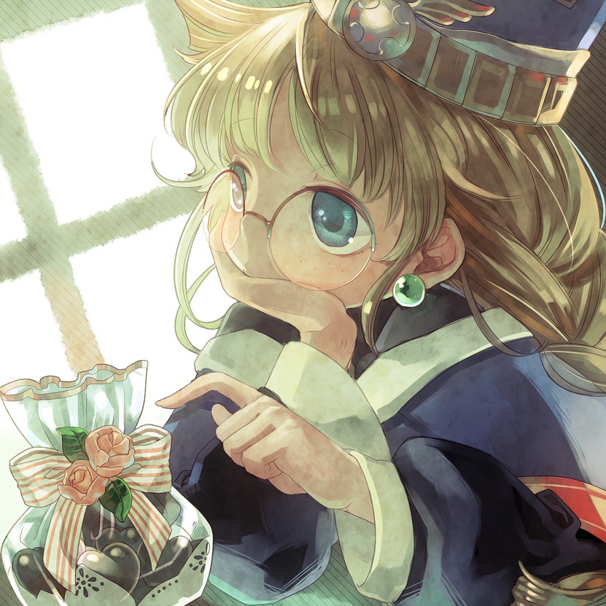 1girl, blue_eyes, braid, brown_eyes, cafe_artful, candy, character_request, chocolate