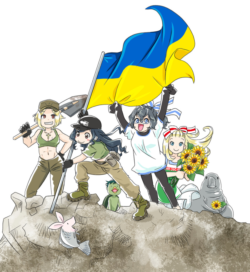 3others, 4girls, abs, baseball_cap, belarusian_opposition_flag, belarusian_opposition_flag_print, belt, black_belt