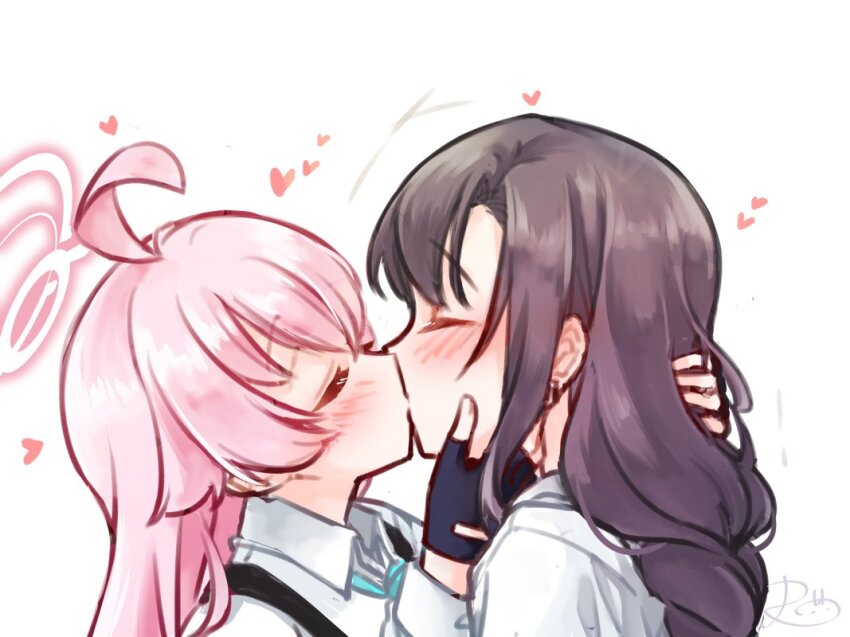 2girls, ahoge, black_gloves, black_hair, blue_archive, blue_necktie, blush, collared_shirt