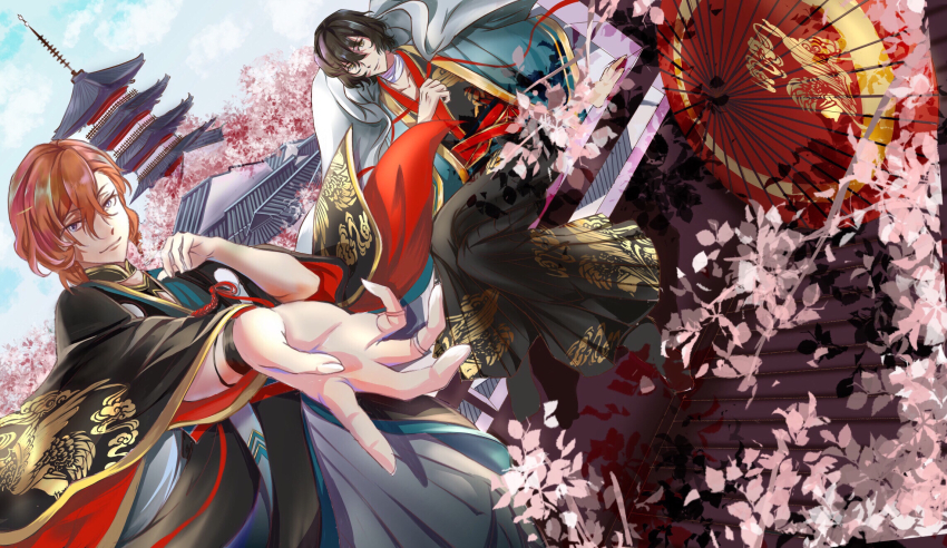 2boys, architecture, ass_(pixiv_39703734), black_boots, black_hair, black_hakama, black_kimono, blue_jacket