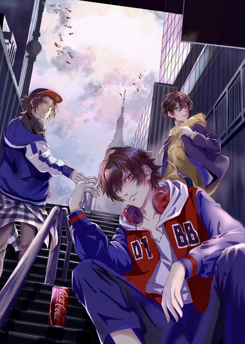 3boys, absurdres, adjusting_clothes, ass_(pixiv_39703734), baseball_cap, black_hat, black_jacket, blue_eyes