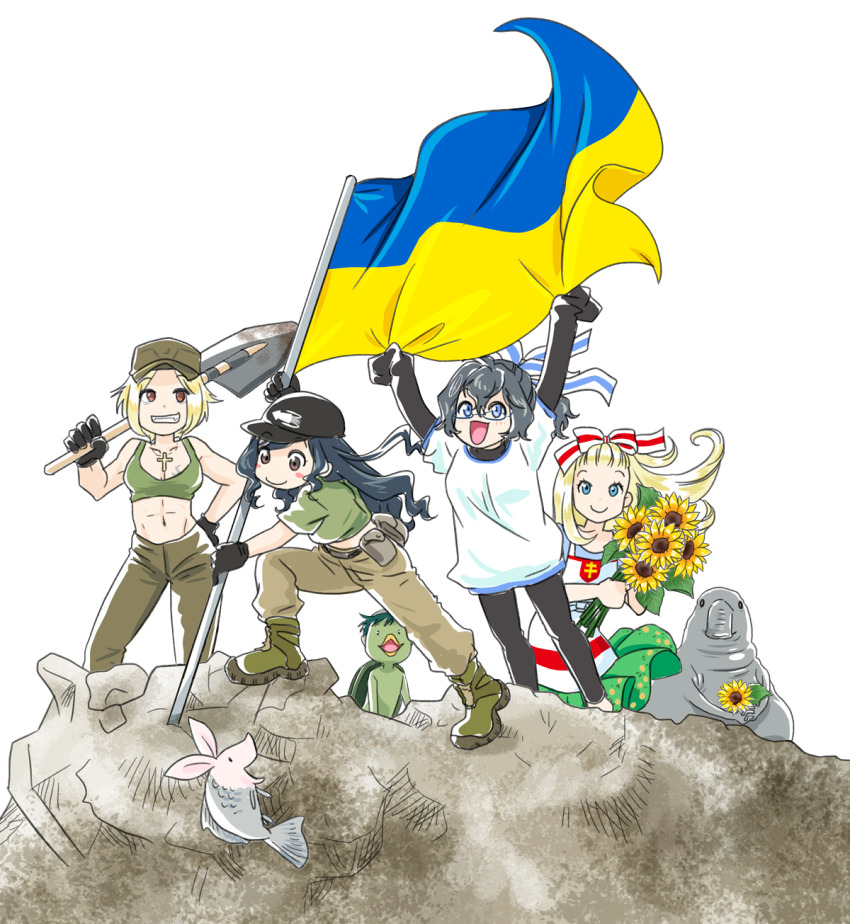 3others, 4girls, abs, baseball_cap, belarusian_opposition_flag, belarusian_opposition_flag_print, belt, black_belt, black_hair, black_hat, black_leggings, blonde_hair, blue_eyes, blue_hair, boots, brown_eyes, brown_pants, character_request, cross, cross_necklace, flower, green_boots, green_tank_top, hat, highres, homunculus_loxodontus, japanon, jewelry, kraken_(japanon), leggings, lera_(sighttobehold), long_hair, marichka, multiple_girls, multiple_others, navel, necklace, non-web_source, original, pants, paulinka_(japanon), peaked_cap, revision, russo-ukrainian_war, schweinokaras, sunflower, tank_top, ukrainian_flag