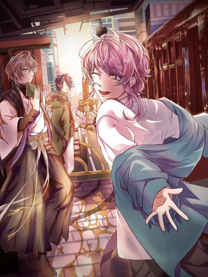 3boys, absurdres, amemura_ramuda, antenna_hair, aqua_jacket, arisugawa_dice, ass_(pixiv_39703734), black_coat