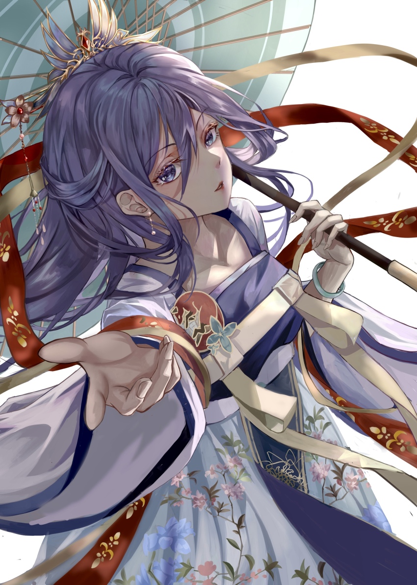 1girl, absurdres, aqua_umbrella, ass_(pixiv_39703734), blue_eyes, blue_hanfu, bracelet, chinese_clothes