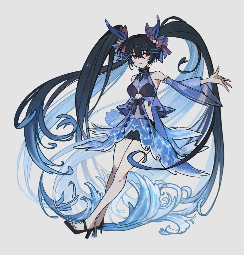 1girl, absurdly_long_hair, aqua_hair, ar_at001, black_bra, black_hair, black_shorts, blue_dress, blue_hair, blue_sleeves, bra, colored_inner_hair, detached_sleeves, dress, full_body, gradient_hair, hair_between_eyes, high_heel_sandals, high_heels, highres, long_hair, lucia:_pyroath_(pgr), lucia:_pyroath_(rippling_luminescence)_(pgr), lucia_(pgr), multicolored_hair, punishing:_gray_raven, red_eyes, sandals, see-through_clothes, see-through_dress, see-through_sleeves, shorts, solo, twintails, underwear, very_long_hair