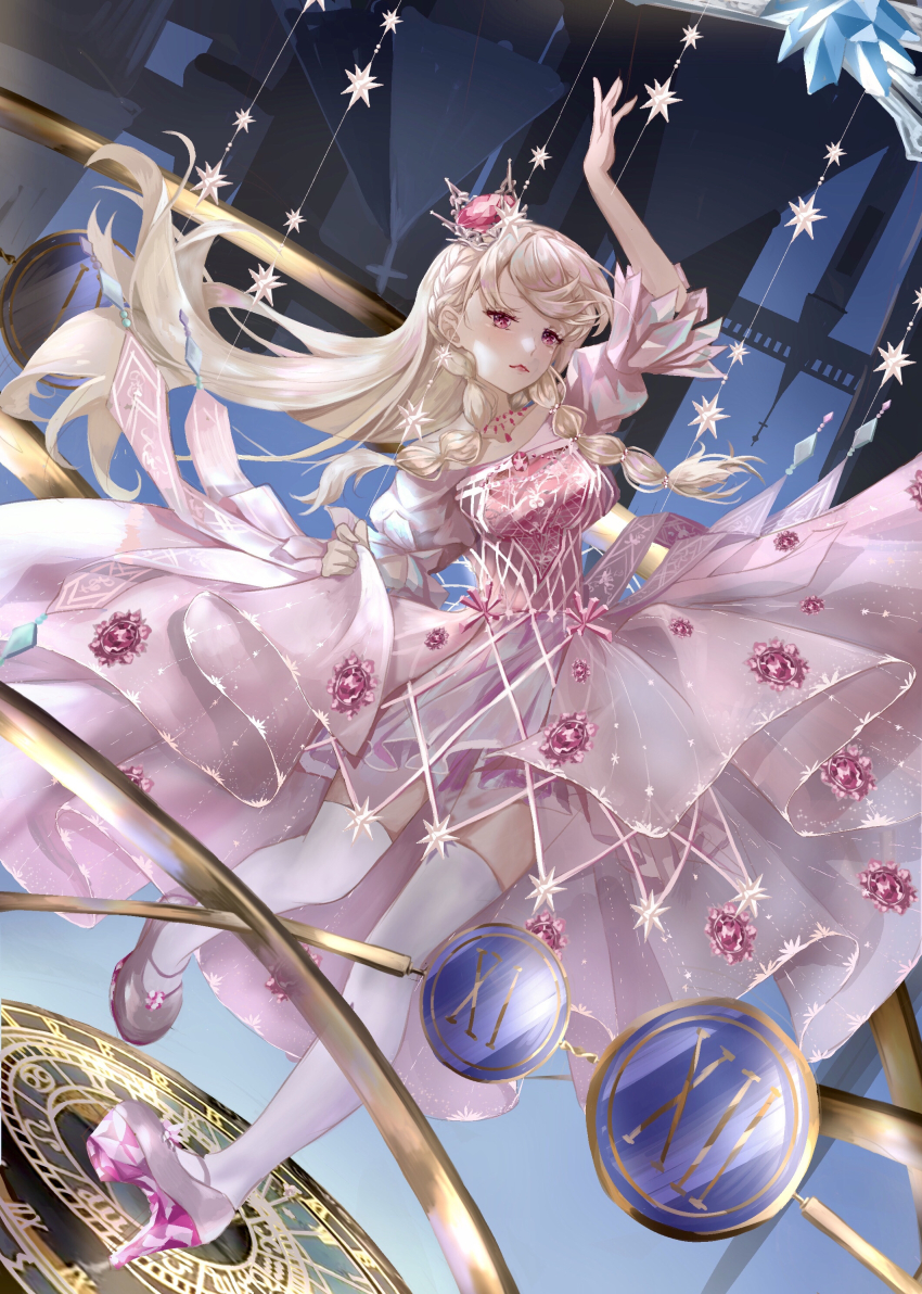 1girl, absurdres, arm_up, ass_(pixiv_39703734), blonde_hair, braid, clock, crown