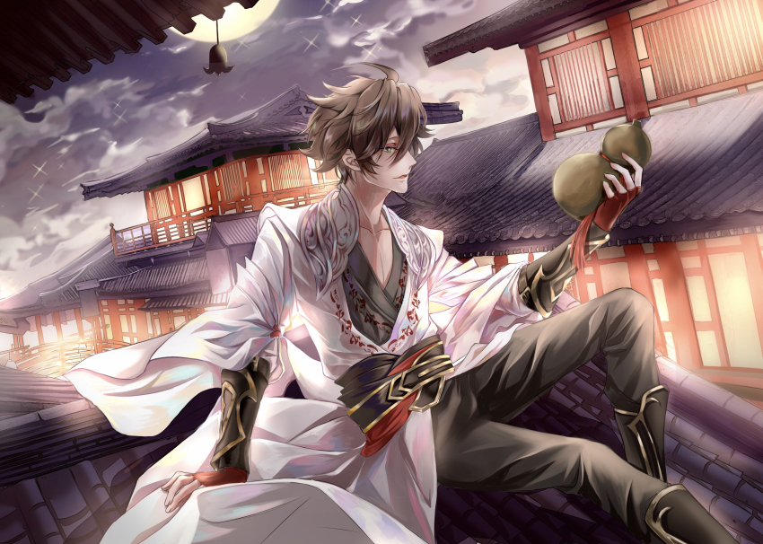 1boy, architecture, ass_(pixiv_39703734), black_boots, black_pants, boots, bracer, brown_hair, chinese_clothes, cloud, collarbone, east_asian_architecture, feet_out_of_frame, fingerless_gloves, floating_clothes, floating_hair, full_moon, gloves, gourd, grey_shirt, hair_between_eyes, hanfu, highres, holding, holding_gourd, knee_up, li_bai_(wangzhe_rongyao), long_sleeves, looking_at_object, male_focus, messy_hair, moon, night, on_roof, open_mouth, outdoors, pants, pectoral_cleavage, pectorals, pointy_nose, red_gloves, shirt, short_hair, sitting, sky, slit_pupils, solo, sparkle, town, wangzhe_rongyao, white_eyes, white_hanfu, wide_sleeves, wind, wind_chime