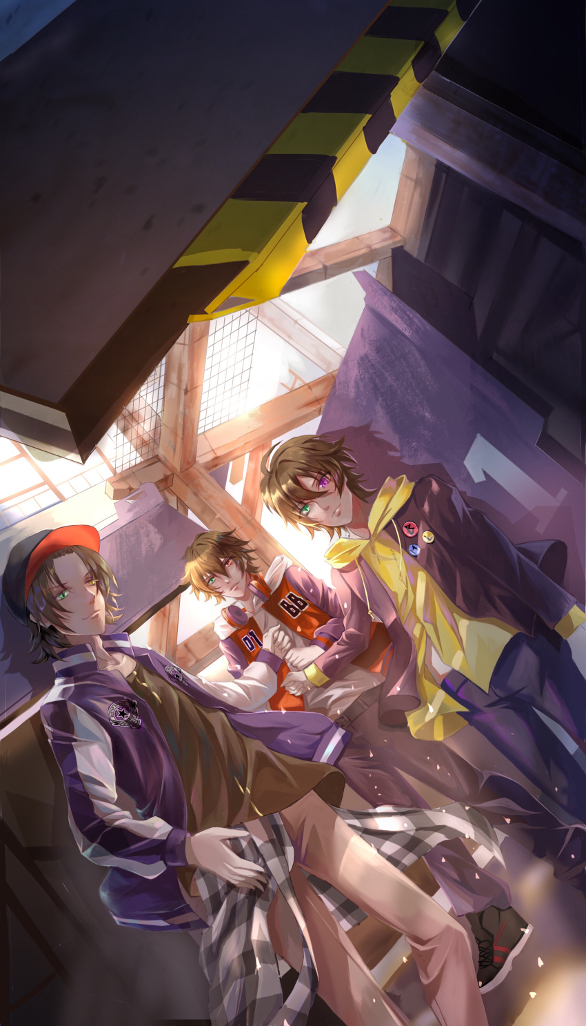 3boys, absurdres, against_wall, ass_(pixiv_39703734), baseball_cap, black_hat, black_jacket, black_pants