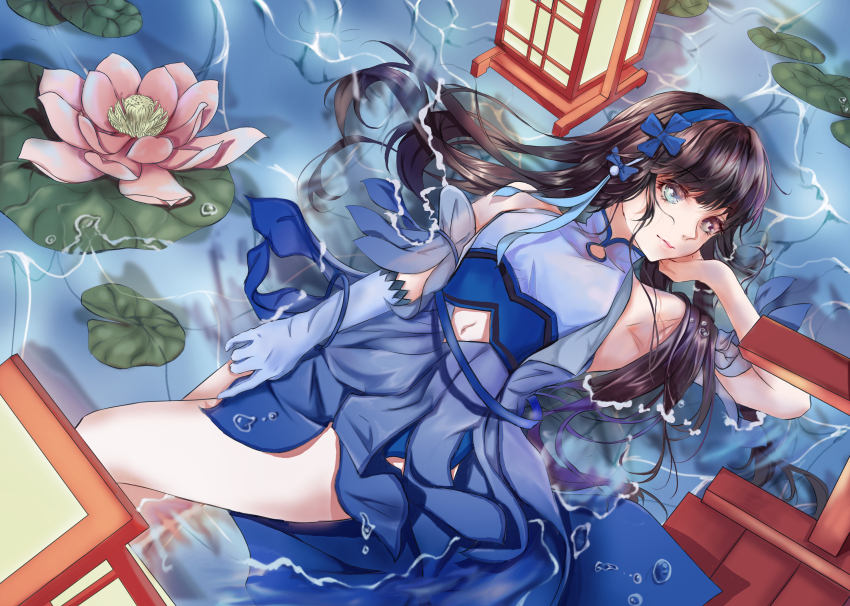 1girl, armpits, ass_(pixiv_39703734), bare_legs, bare_shoulders, blue_bow, blue_dress, blue_eyes, blue_gloves, blue_hairband, blue_ribbon, blue_sleeves, bow, brown_hair, chinese_clothes, clothing_cutout, collared_dress, detached_sleeves, diamond_cutout, dress, expressionless, eyelashes, feet_out_of_frame, flower, gloves, hair_bow, hair_ribbon, hair_spread_out, hairband, hand_on_own_cheek, hand_on_own_face, highres, lake, lantern, lily_pad, lips, long_dress, long_hair, looking_at_viewer, lying, mandarin_collar, navel, on_back, on_liquid, parted_lips, partially_submerged, pink_flower, pleated_dress, ribbon, see-through_clothes, see-through_sleeves, short_sleeves, single_glove, sleeveless, sleeveless_dress, solo, stomach_cutout, wangzhe_rongyao, water_drop, water_lily_flower, xi_shi_(wangzhe_rongyao)
